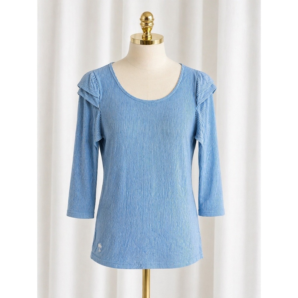 Lilly Pulitzer Pima Modal Knit Top Womens Medium‎ Blue Striped Ruffle Sleeve